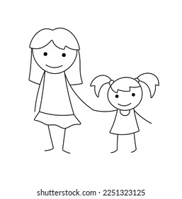 Vector isolated two cute cartoon doodle stick figure girls holding hands in dress colorless black   white contour line easy drawing