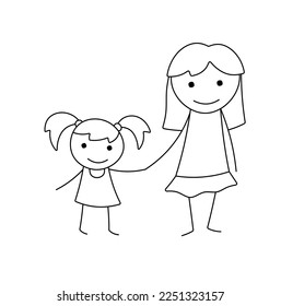 Vector isolated two cute cartoon doodle stick figure girls holding hands in dress colorless black   white contour line easy drawing