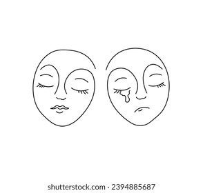 Vector isolated two faces sad and smiling colorless black and white contour line easy drawing