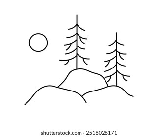 Vector isolated two fir trees landscape freehand doodle colorless black and white contour line easy drawing