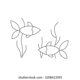 Vector isolated two floating fishes on seaweed colorless black and white contour line easy drawing