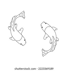 Vector isolated two floating koi karps side view colorless black and white contour line easy drawing