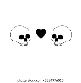 Vector isolated two funny skulls in love colorless black and white contour line easy drawing
