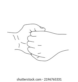 Vector isolated two hands man and woman locked in a lock hand gesture colorless black and white contour line drawing