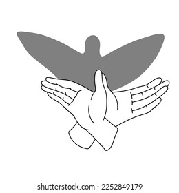 Vector isolated two hands theatre gesture hands bird with wings  colorless black and white contour line easy drawing