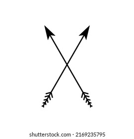 Vector isolated two intersecting bow arrows pointing in different directions black colored outline silhouette symbol