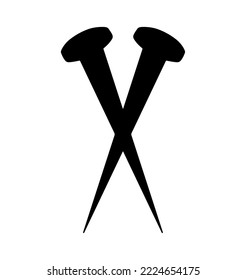 Vector isolated two long sharp crossed nails symbol colorless black and white outline silhouette shadow shape