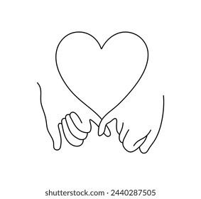 Vector isolated two lovers hands with little fingers and heart symbol colorless black and white contour line easy drawing