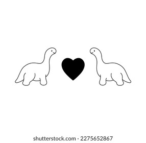 Vector isolated two mirror dinos in love with heart symbol between them colorless black and white contour line easy drawing