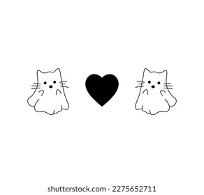 Vector isolated two mirror ghosts in love with heart symbol between them colorless black and white contour line easy drawing