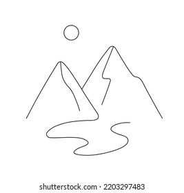Vector isolated two mountains  lake   sun colorless black   white contour line easy drawing