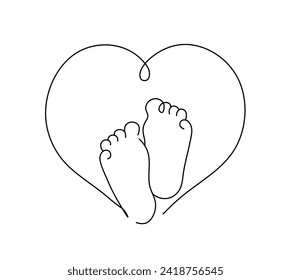 Vector isolated two pair baby foots inside heart one single contemporary line art colorless black and white contour line easy drawing	