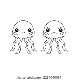 Vector isolated two pair couple funny cute cartoon jelly fishes smiling and angry colorless black and white contour line easy drawing