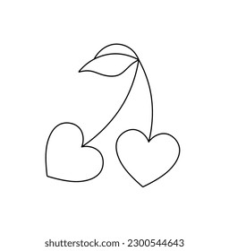 Vector isolated two pair couple hearts cherry berries on twig with leaf colorless black and white contour line easy drawing