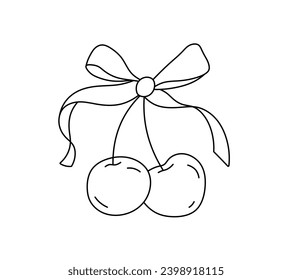 Vector isolated two pair couple cherry berries with ribbon bow colorless black and white contour line easy drawing