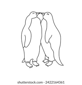 Vector isolated two pair couple kissing penguins love colorless black and white contour line easy drawing