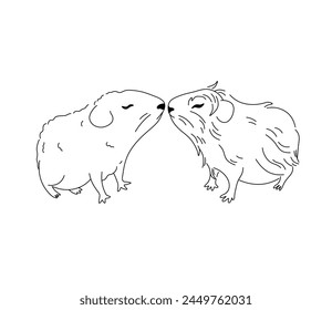 Vector aislado dos pares de conejillos de indias beso vista lateral incoloro negro y blanco contorno línea fácil dibujo	