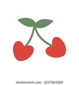 Vector isolated two pair couple hearts cherry berries on twig with leaf doodle hand drawn for web design .