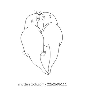 Vector isolated two pair kissing otters back view colorless black and white contour line easy drawing