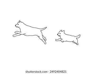 Vector isolated two runnung dogs side view colorless black and white contour line easy drawing