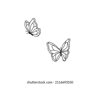 Vector isolated two simple butterflies set, colorless black and white contour line drawing flying butterflies