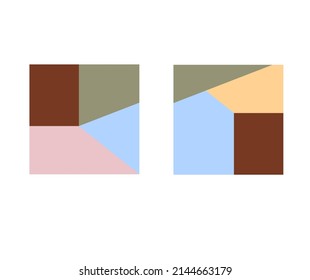 Vector Isolated Two Square Diptych Abstract Colour Painting Of Pastel Green Pink Blue And Brown Colors. Hard Edge Contemporary Art