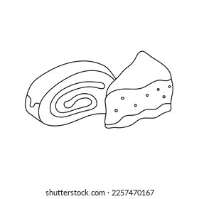 Vector isolated two sweet pieces of cakes roll and triangle piece colorless black and white contour line easy drawing