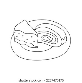 Vector isolated two sweet pieces of cakes roll and triangle piece on a plate colorless black and white contour line easy drawing