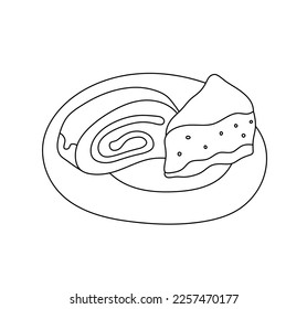 Vector isolated two sweet pieces of cakes roll and triangle piece on a plate colorless black and white contour line easy drawing
