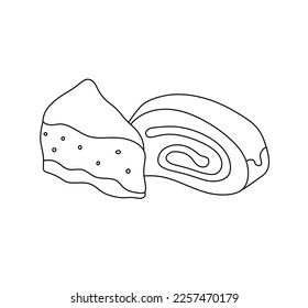 Vector isolated two sweet pieces of cakes roll and triangle piece colorless black and white contour line easy drawing