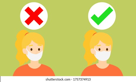 Vector isolated two tidy women are showing how to wearing a medical mask correctly, the first is wrong, the second is right way to avoiding air pollution and COVID-19, illustration