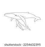 Vector isolated two whales big whale and baby whale mother and baby pair colorless black and white contour line easy drawing