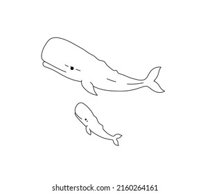 El vector aisló a dos ballenas grandes con el dibujo de la línea de contorno blanco y negro incoloro de la ballena bebé