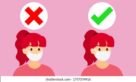 Vector isolated two young women are showing how to wearing a medical mask correctly, the first is wrong, the second is right way to avoiding air pollution and COVID-19, illustration