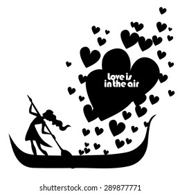 Vector isolated typography design element for greeting cards and invitations. Hand drawn inspirational and encouraging quote. Girl in boat with hearts.