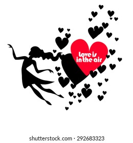Vector isolated typography design element for greeting cards and invitations. Hand drawn inspirational and encouraging quote. Girl with hearts. Love is in the air.