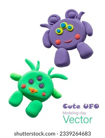 Vector, figuras aisladas de OVNI hechas de plasticina. Brillante gracioso, adorable extraterrestres verdes y morados con tres ojos. Diseño y decoración de postales, tarjetas de visita, cuadernos. Elemento separado para el