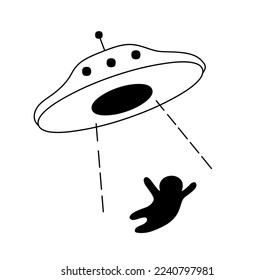 Vector isolated ufo flying plate spaceship abducting a person  colorless black and white contour line easy drawing