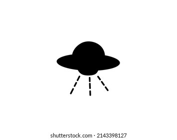 Vector isolated UFO flying saucer with rays of light symbol outline black colored silhouette shadow