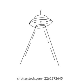 Vector isolated ufo flying saucer with light rays colorless black and white contour line easy drawing