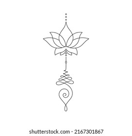 Vector isolated unalome with lotus sacred buddhist line hand drawn symbol