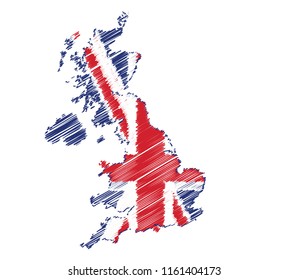 Vector of isolated United Kingdom map with the flag. Engraving style hatching pen pencil painting illustration concept.