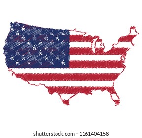 Vector of isolated United States of America map with the flag. Engraving style hatching pen pencil painting illustration concept.