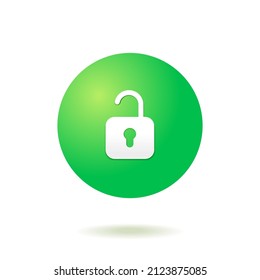 Vector isolated unlock icon of unlocked lock with 3d green gradient ball circle bubble on white background. Flat minimal icon for UI UX presentation.