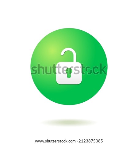 Vector isolated unlock icon of unlocked lock with 3d green gradient ball circle bubble on white background. Flat minimal icon for UI UX presentation.
