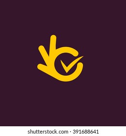 Vector isolated unusual logo. Good job. All perfectly. Well done. Great. Suit. Checked. Fingers hands shows All OK. Yellow color design element on dark purple background.