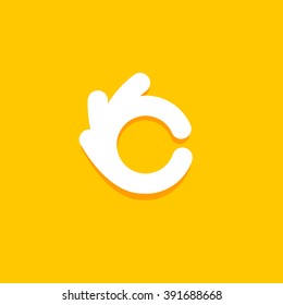 Vector Isolated Unusual Logo. Good Job. All Perfectly. Well Done. Great. Checked. Fingers Hands Shows Its OK. White Color Design Element On Yellow Background.