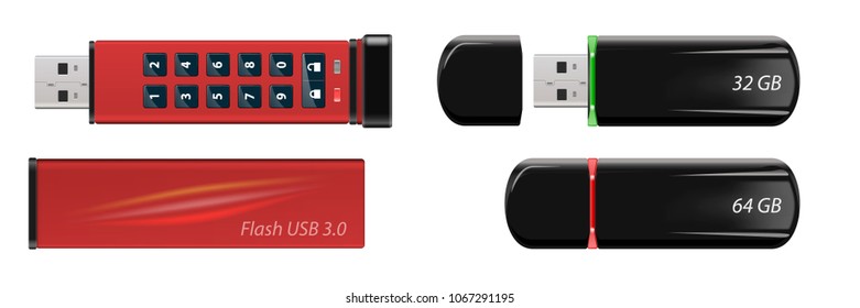Vector isolated USB pen drives. With combination lock. It's easy to change color.