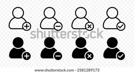 Vector isolated User Add and Delete icon set in black outline and fill