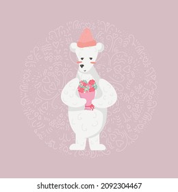 La ilustración vectorial aislada del día de San Valentín del oso polar lindo da un ramo. El clipart de oso de peluche es adecuado para postales del 14 de febrero, decoración de la habitación de los niños, invitaciones
